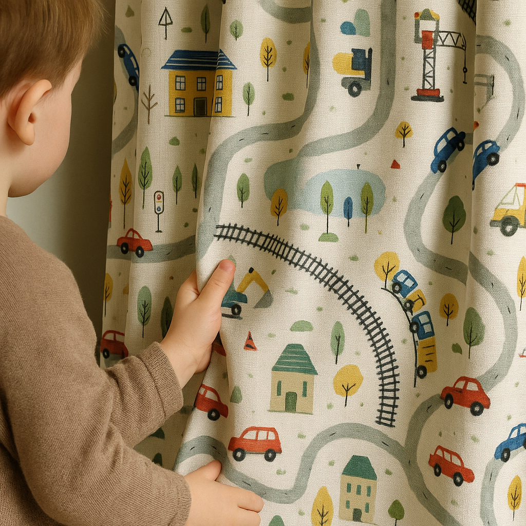 Kids Linen Road Map Curtains — Extra Wide, Blackout or Light Filtering, Custom Sizes-0