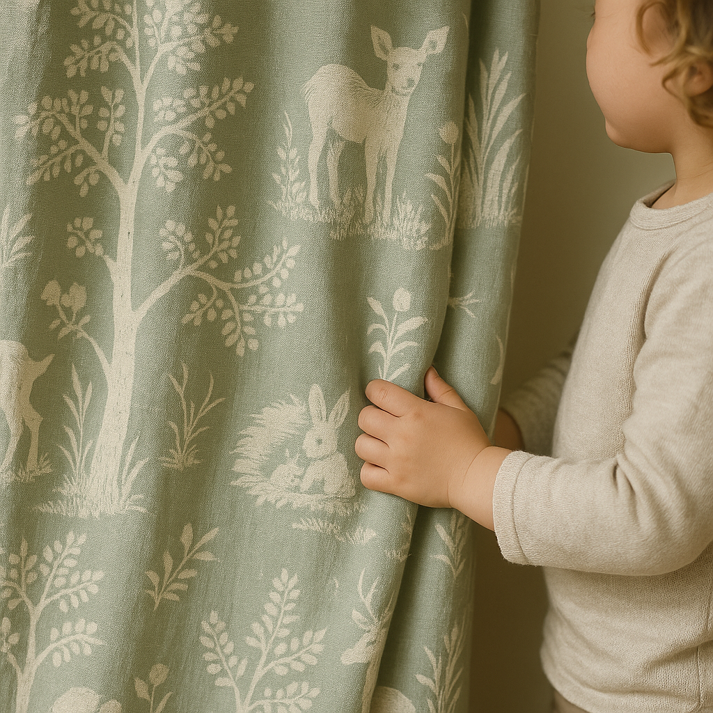 Sage Green Linen Curtains with Animal & Nature Print | Custom Sizes | Blackout & Light Filtering Options | Rod & Track Compatible-0