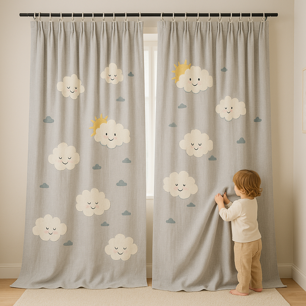 Kids Linen Curtains with Cute Clouds & Sun Embroidery | Extra Wide & Long | Blackout & Light Filtering Options | Custom Sizes | Nursery & Children’s Room Drapes-1
