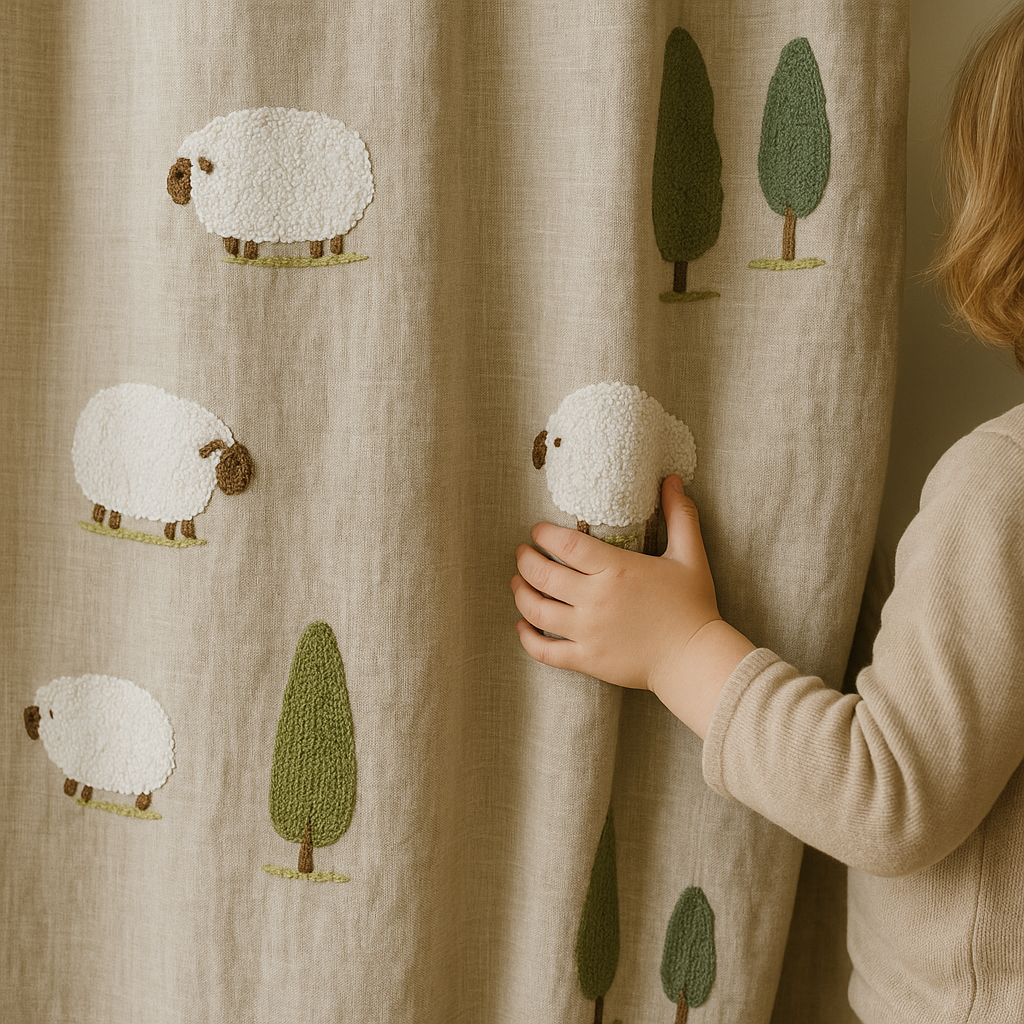 Embroidered Sheep Linen Curtains for Kids Room & Nursery — Custom Sizes — Single or Pair — Blackout or Cotton Lining — Rod & Track Compatible-0