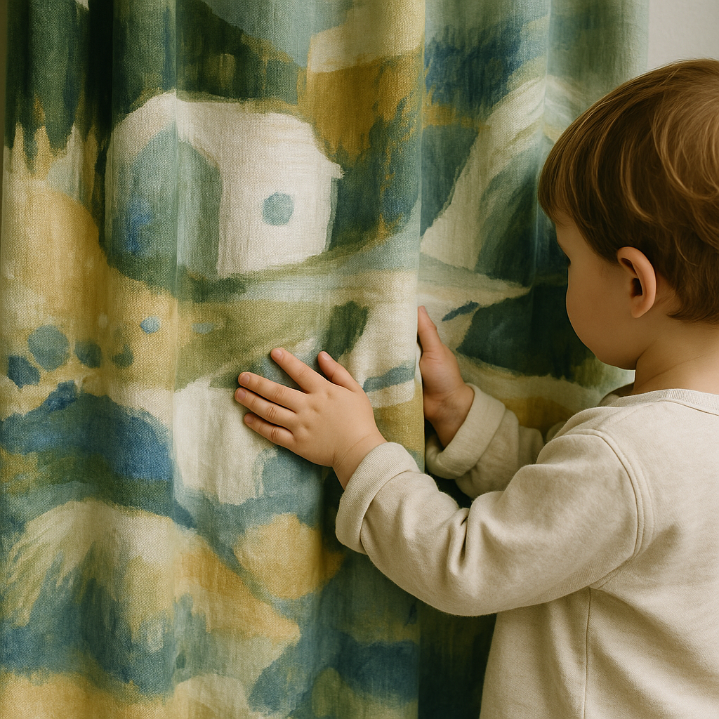 Handmade Pure Linen Kids Curtains — Abstract Landscape Design — Custom Sizes — Light Filtering or 100% Blackout Lining — Rod & Track Compatible-0