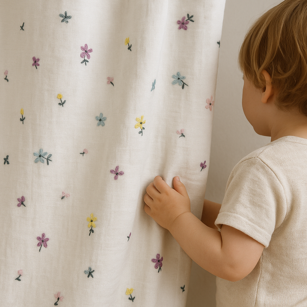 Embroidered Linen Curtains for Kids Room – Custom Size – Light Filtering or 100% Blackout Lining – Pastel Floral – Sold Single or Pair-0