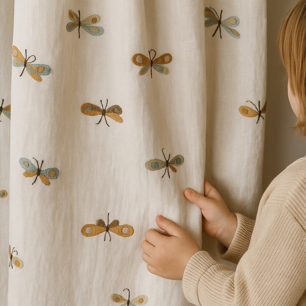 Embroidered Dragonfly Pure Linen Curtains for Kids Room – Custom Sizes, Blackout or Cotton Lined Options-0