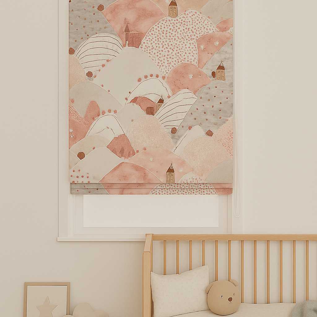 Pure Linen Roman Blinds for Kids’ Rooms & Nurseries – Custom Corded | Mountains & Sheep Print | Light-Filtering or 100 % Blackout | 5 Colourways-4