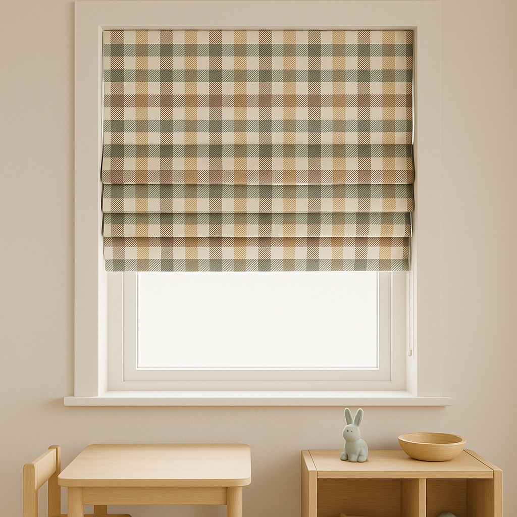 Custom Pastel Plaid Linen Roman Blinds for Kids & Nursery – Gingham Check Pattern – Made-to-Measure UK | Blackout or Light-Filtering-2