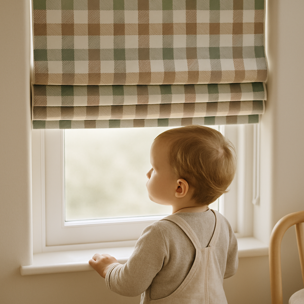 Custom Pastel Plaid Linen Roman Blinds for Kids & Nursery – Gingham Check Pattern – Made-to-Measure UK | Blackout or Light-Filtering-0