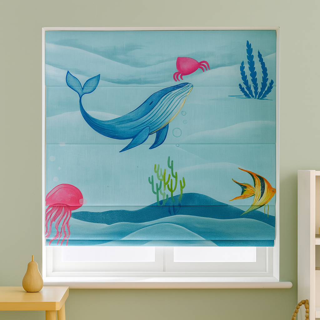 Underwater Ocean Print Pure Linen Roman Blind for Kids Room or Nursery – Custom Size, Light Filtering or 100% Blackout Liner, Recess or Wall Mount – Handmade-0