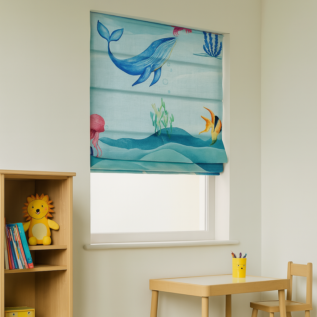 Underwater Ocean Print Pure Linen Roman Blind for Kids Room or Nursery – Custom Size, Light Filtering or 100% Blackout Liner, Recess or Wall Mount – Handmade-3