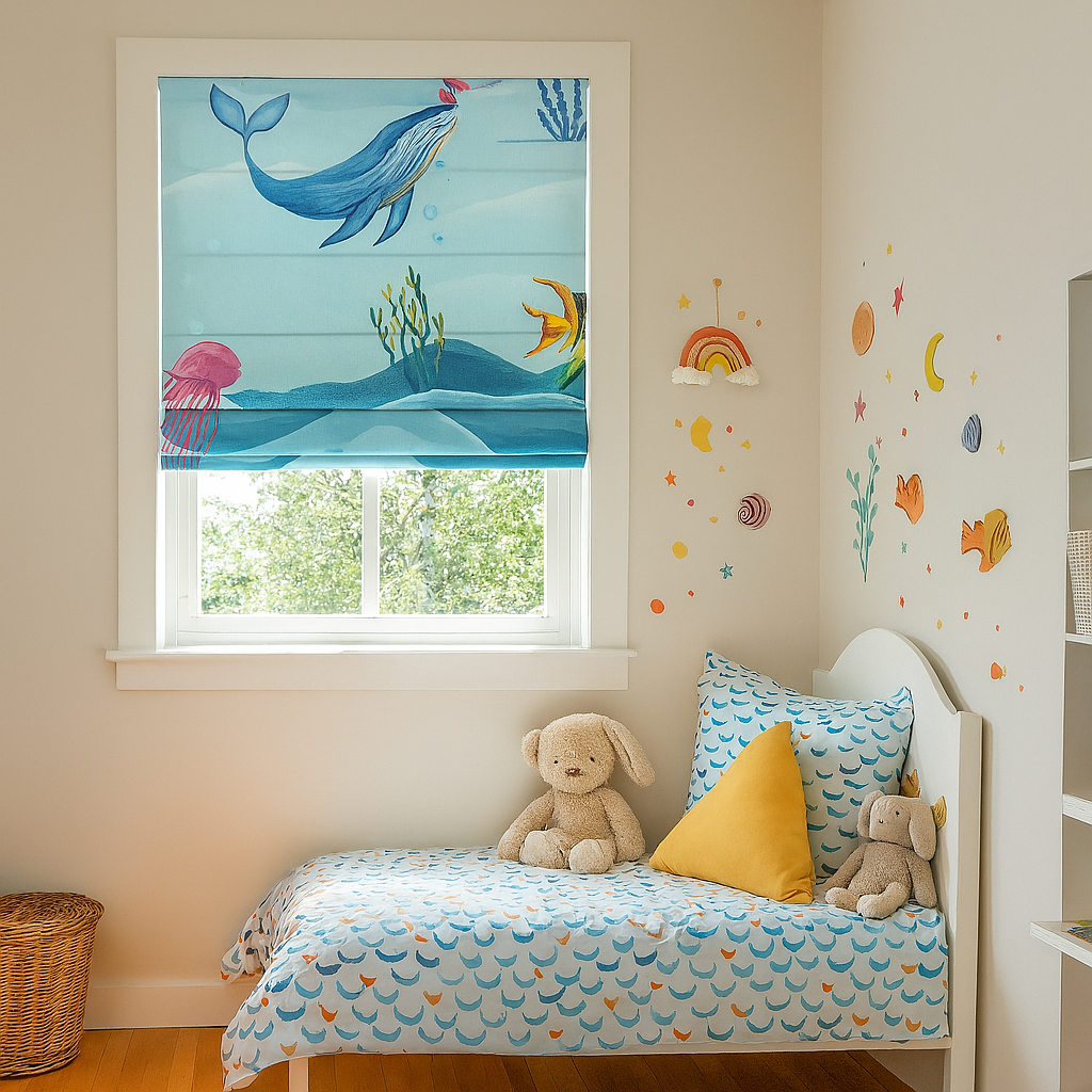 Underwater Ocean Print Pure Linen Roman Blind for Kids Room or Nursery – Custom Size, Light Filtering or 100% Blackout Liner, Recess or Wall Mount – Handmade-4