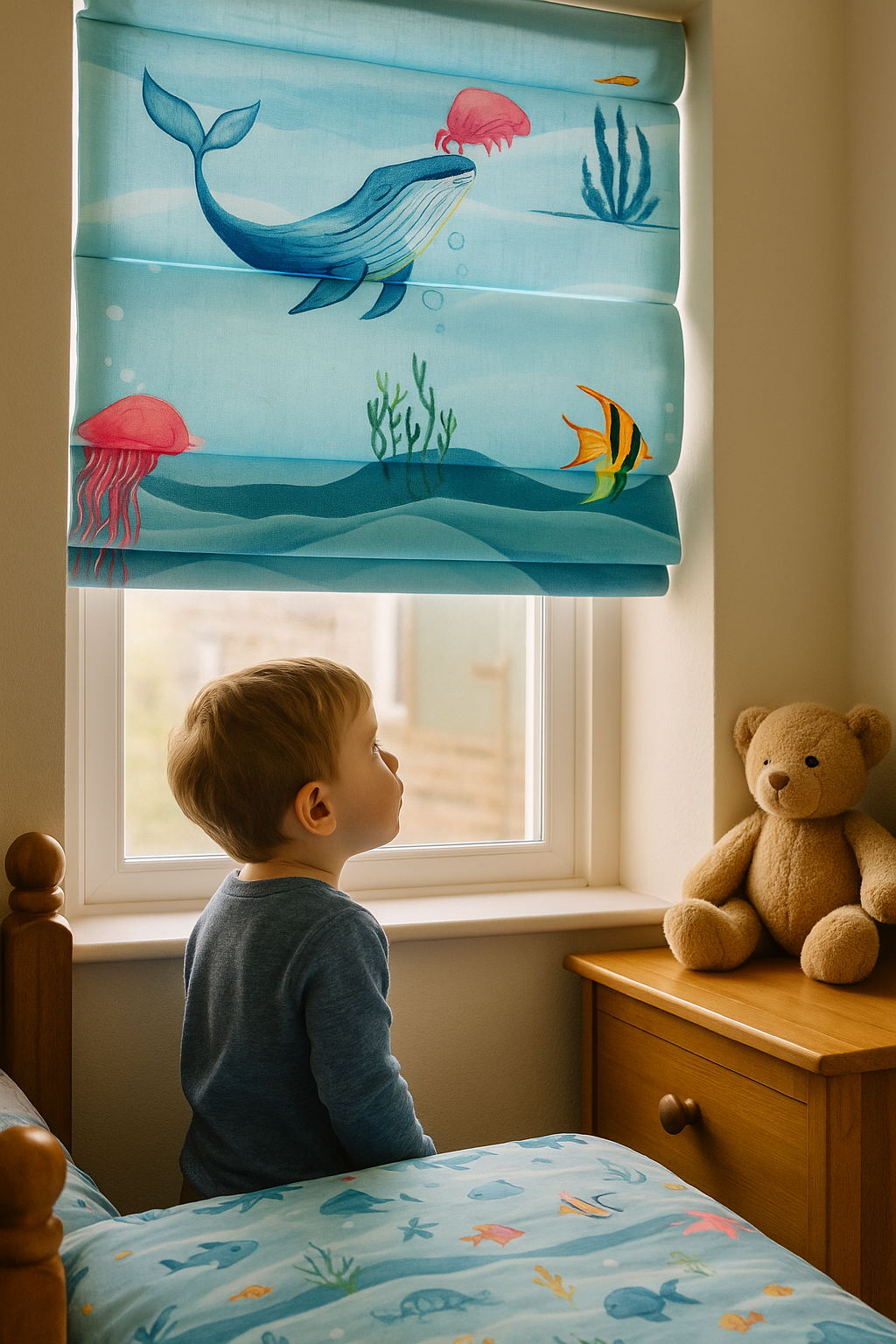 Underwater Ocean Print Pure Linen Roman Blind for Kids Room or Nursery – Custom Size, Light Filtering or 100% Blackout Liner, Recess or Wall Mount – Handmade-1