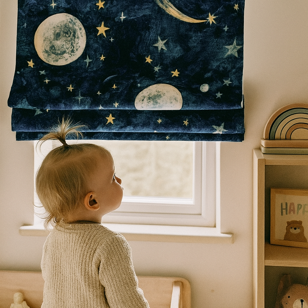 Night-Sky Moon & Stars Pure Linen Roman Blind – Made-to-Measure Kids & Nursery | Light-Filter or Blackout-1