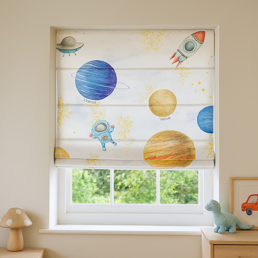 Solar System Adventure Pure Linen Roman Blind – Made-to-Measure Kids & Nursery | Light-Filter or Blackout-0