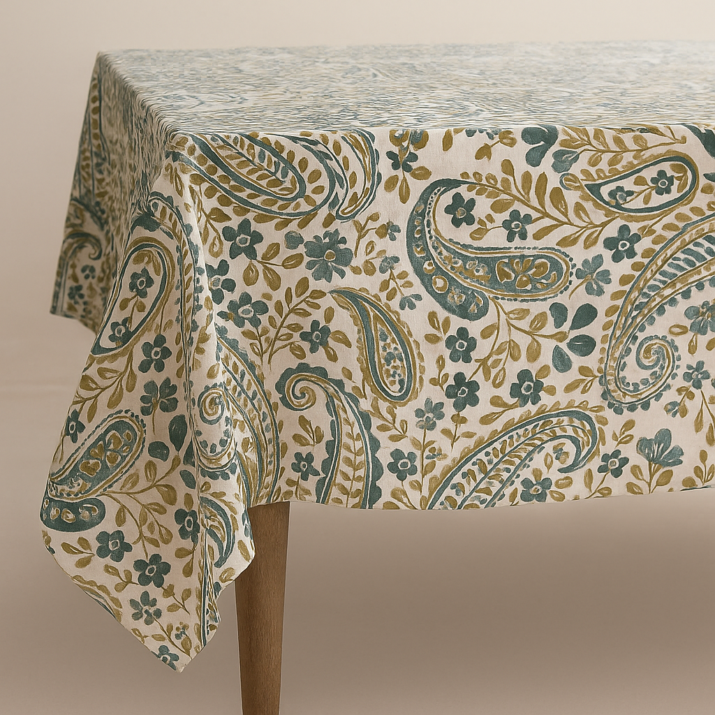 Organic Linen Paisley Tablecloth – White Teal, White Sand, Ivory Multi, Beige Navy, Mineral Red – Rectangular, Square & Round Sizes-3