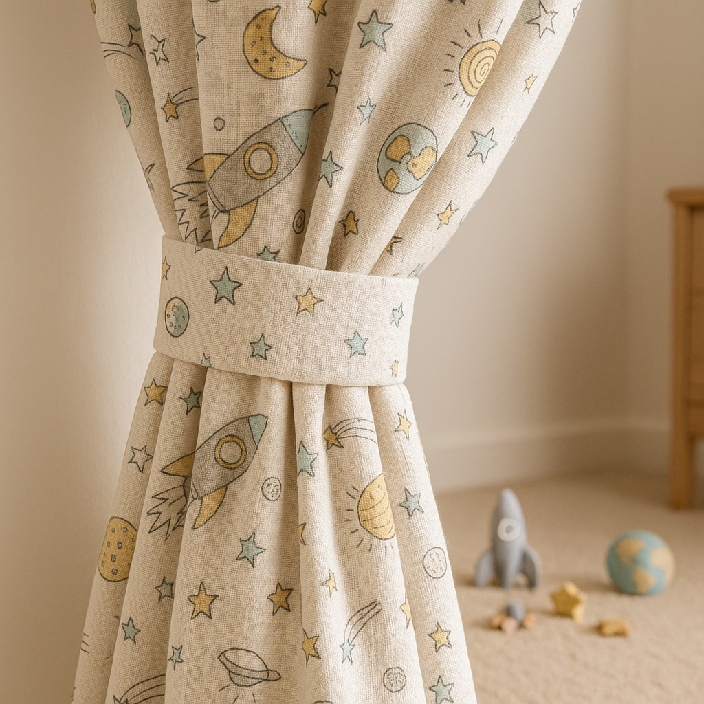 Space Rocket Organic Linen Kids Curtains – Made-to-Measure, Blackout or Light-Filtering-1