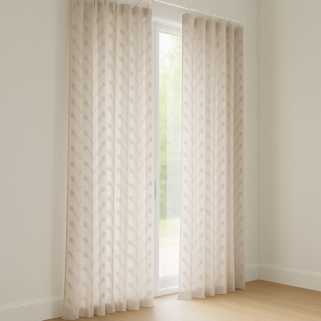 Luxury Linen Privacy Sheer Curtains with Embroidered Leaf Pattern – Custom Sizes – Oeko-Tex Certified – Ivory with Ash Grey, Green, Mist Blue, Black, Blue, Gold Embroidery-3