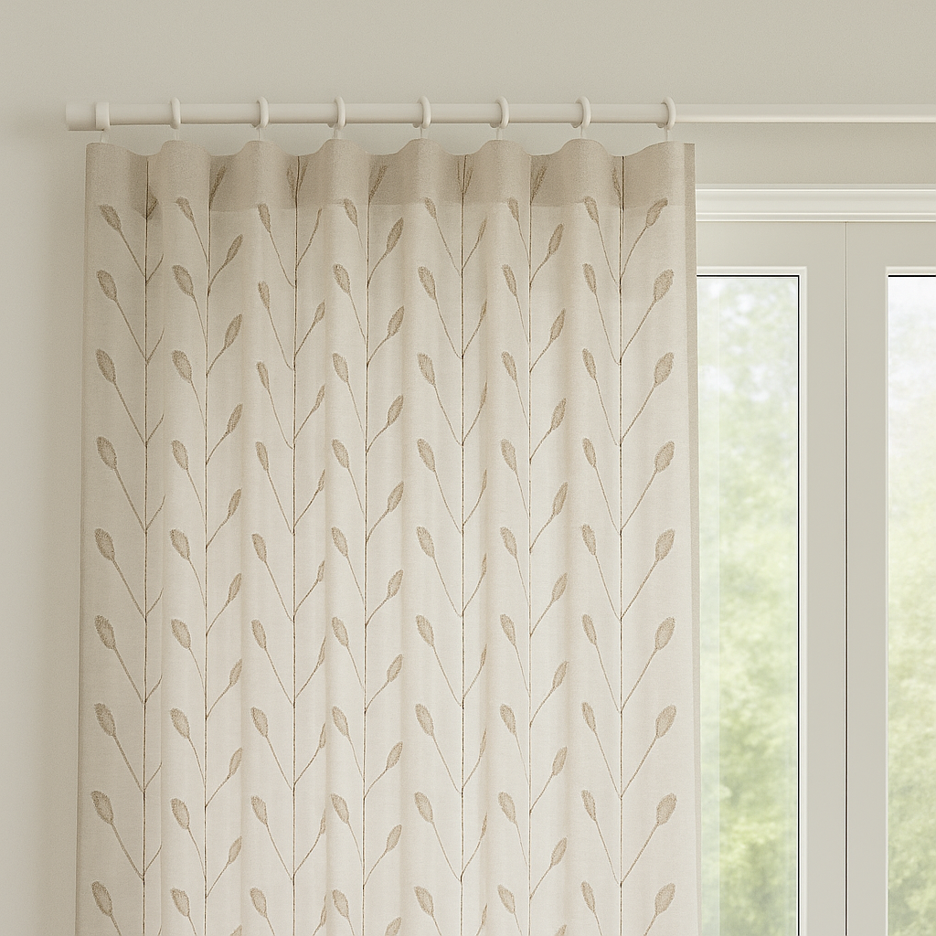 Luxury Linen Privacy Sheer Curtains with Embroidered Leaf Pattern – Custom Sizes – Oeko-Tex Certified – Ivory with Ash Grey, Green, Mist Blue, Black, Blue, Gold Embroidery-4