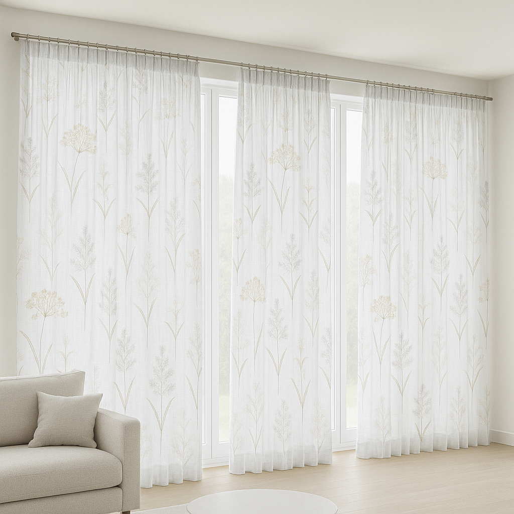 Embroidered Pure Linen Sheer Curtains – Botanical Design – Light Filtering – 4 Colour Variants – Custom Sizes-4