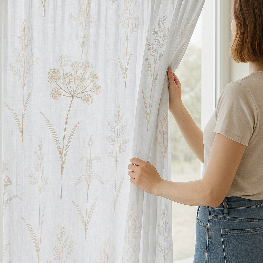 Embroidered Pure Linen Sheer Curtains – Botanical Design – Light Filtering – 4 Colour Variants – Custom Sizes-3