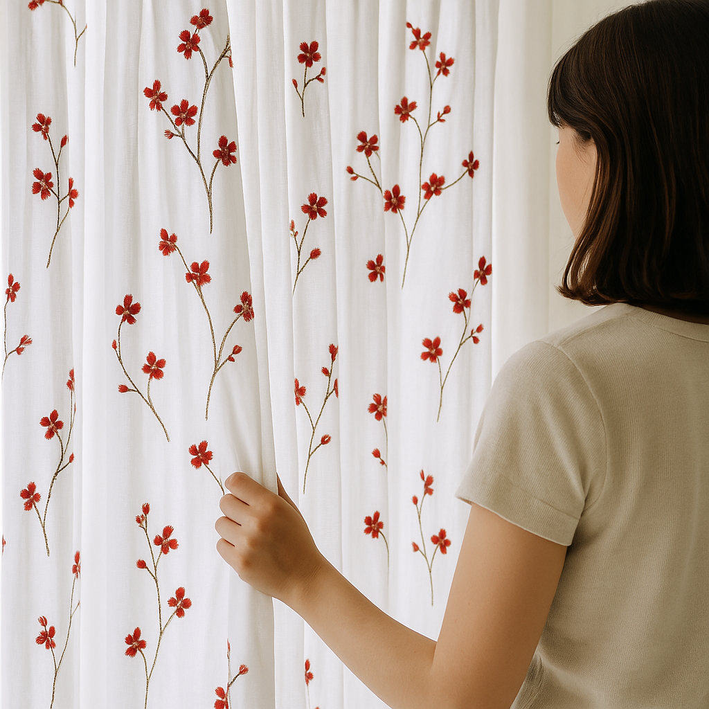 Embroidered Linen Sheer Curtains – Light Filtering – Blue, Red, Pink & Gold – Custom Sizes – Rod or Track Compatible-3