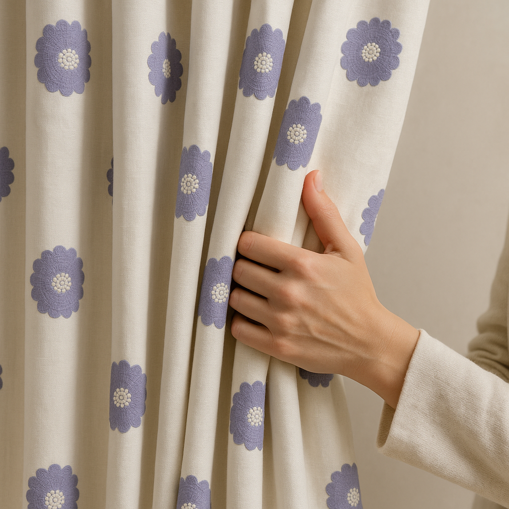 Organic Linen Embroidered Floral-Dot Curtains | Custom Sizes | Blackout & Light-Filtering Liners | GOTS & OEKO-TEX-3