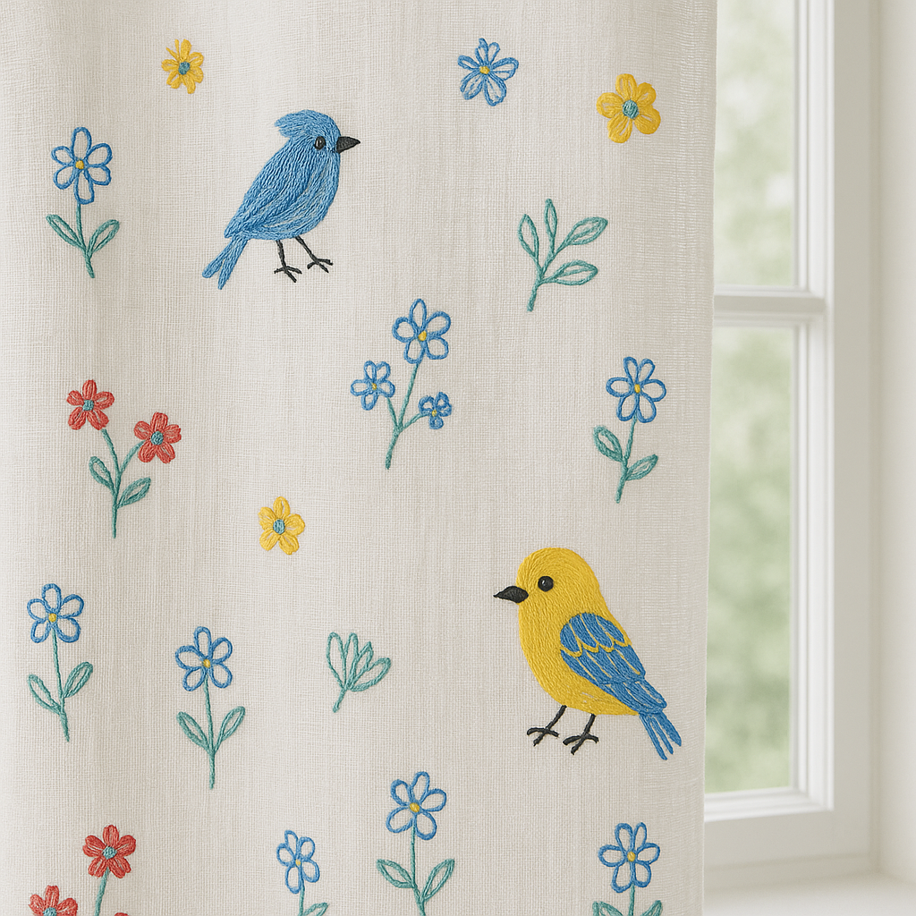 Embroidered Birds and Flowers Linen Curtains - Custom Sizes - Single or Pair - Light Filtering or 100% Blackout Liner - Rod & Track Compatible - OEKO-TEX® Certified-3
