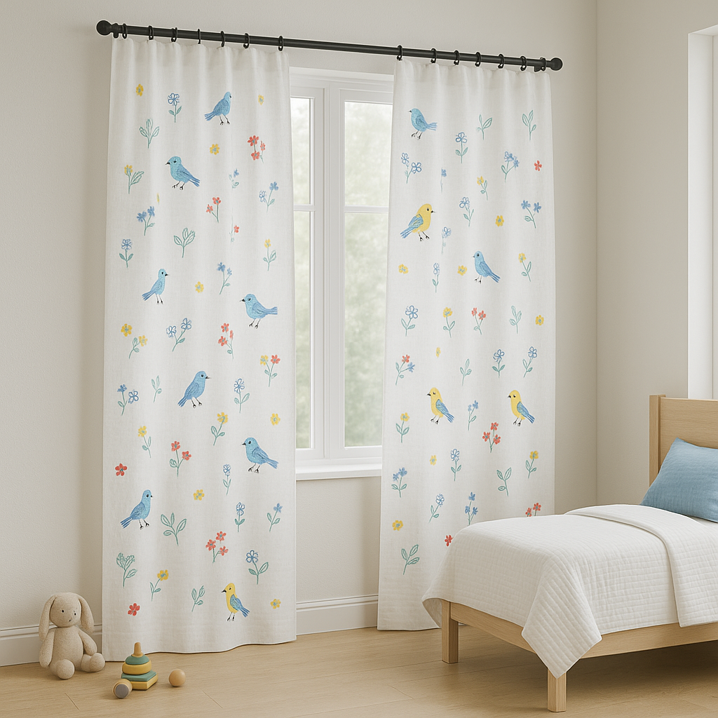 Embroidered Birds and Flowers Linen Curtains - Custom Sizes - Single or Pair - Light Filtering or 100% Blackout Liner - Rod & Track Compatible - OEKO-TEX® Certified-4