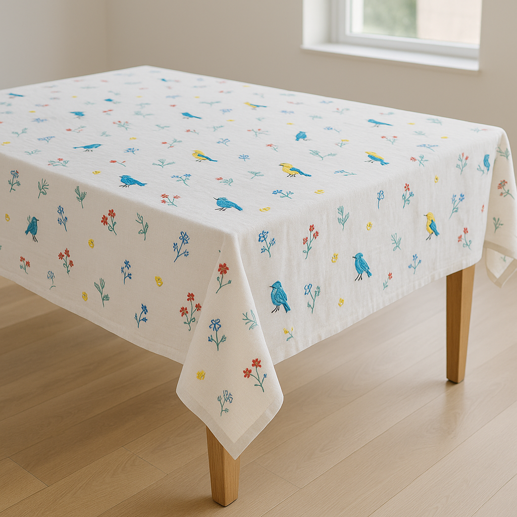Embroidered Birds & Flowers Pure Linen Tablecloth – Square, Rectangular & Round – Custom Sizes Available – Elegant Table Cover for Dining & Living-3