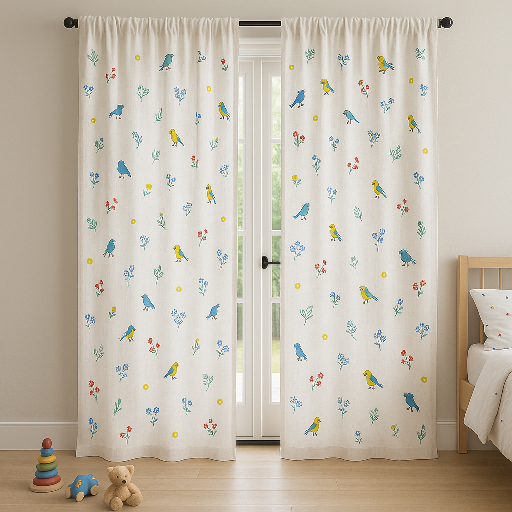 Embroidered Birds and Flowers Linen Curtains - Custom Sizes - Single or Pair - Light Filtering or 100% Blackout Liner - Rod & Track Compatible - OEKO-TEX® Certified-1