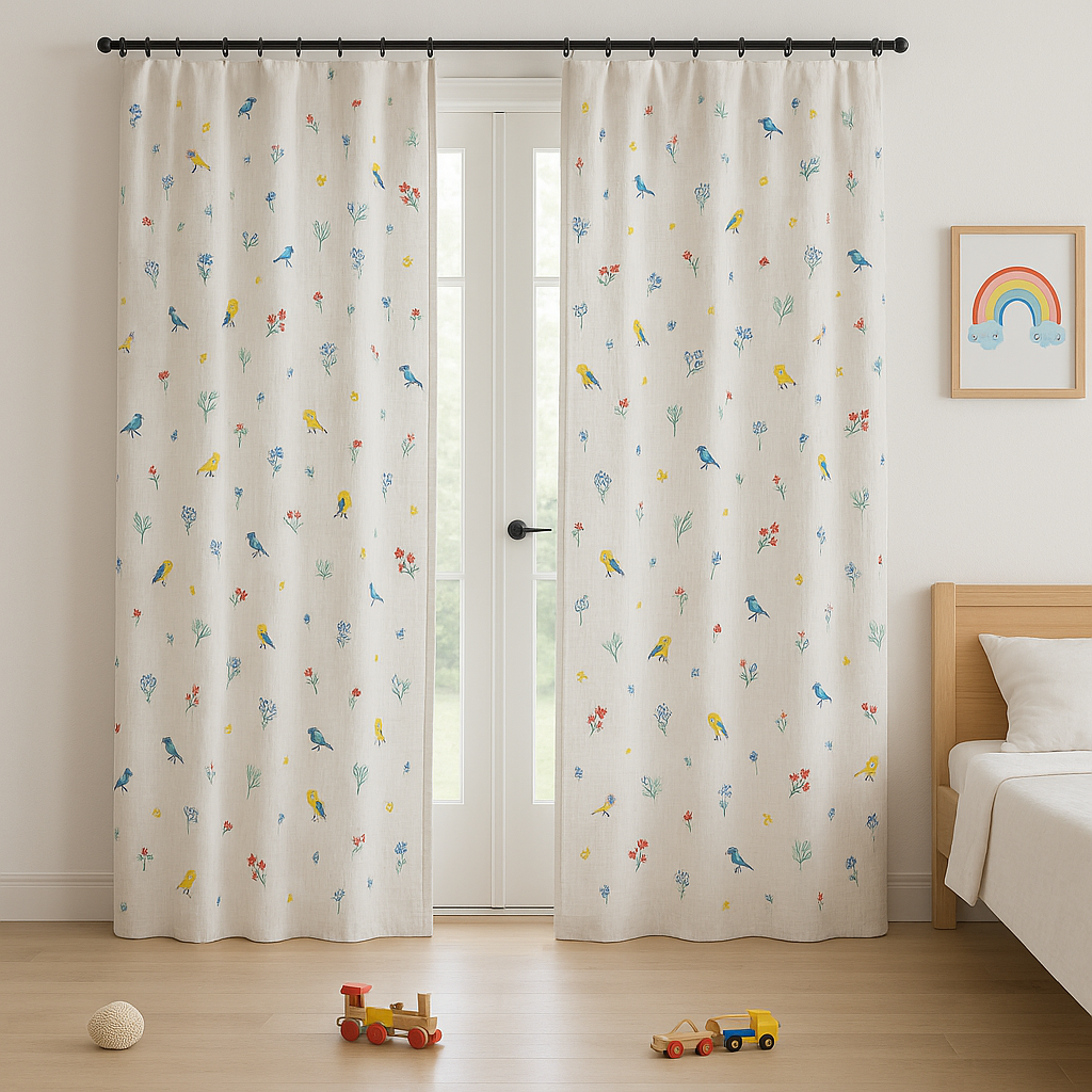 Embroidered Birds and Flowers Linen Curtains - Custom Sizes - Single or Pair - Light Filtering or 100% Blackout Liner - Rod & Track Compatible - OEKO-TEX® Certified-2