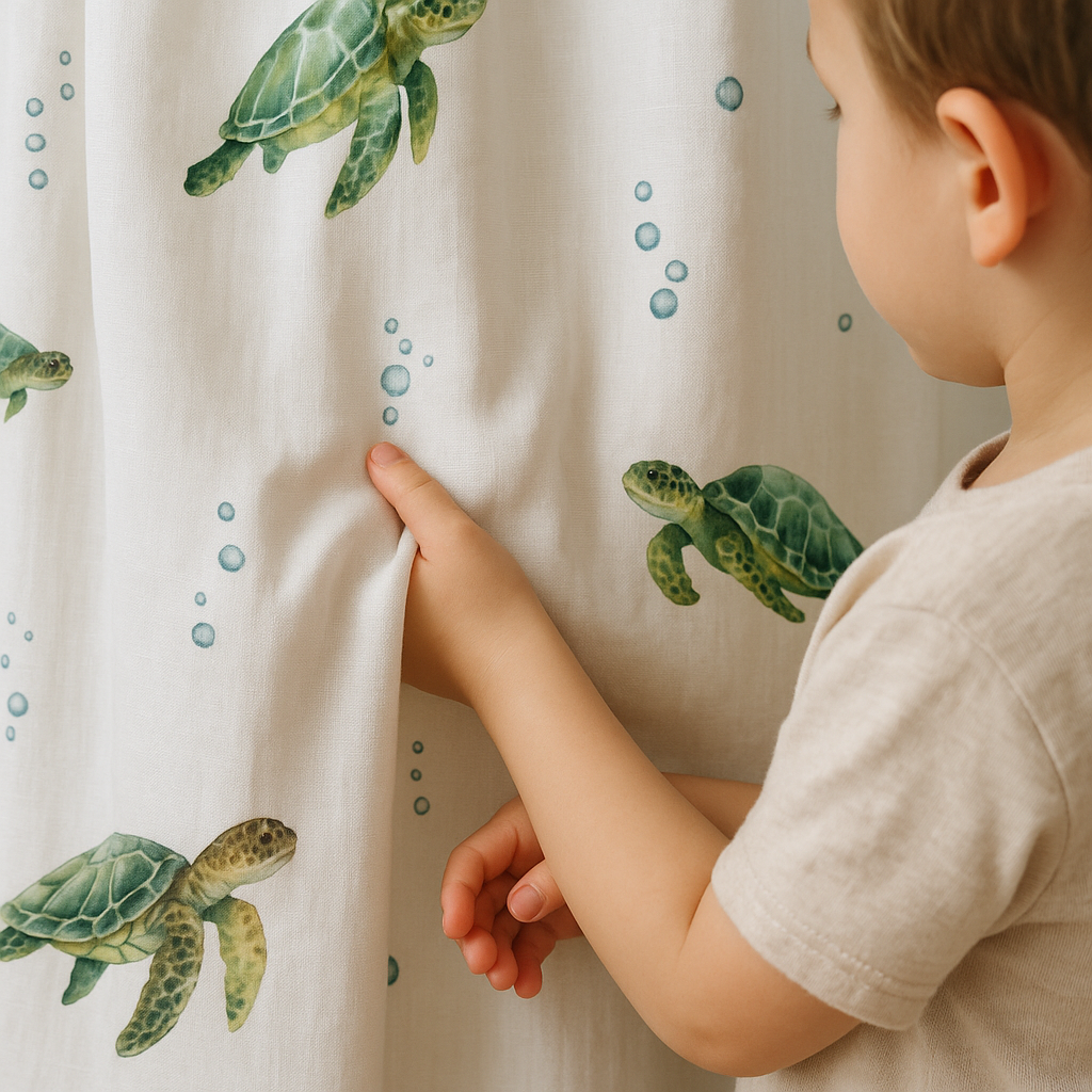 Sea Turtle Print Pure Linen Kids Curtains - Custom Sizes, Light Filtering or 100% Blackout Lining Options - Multiple Heading Styles - Made to Measure Curtains-1