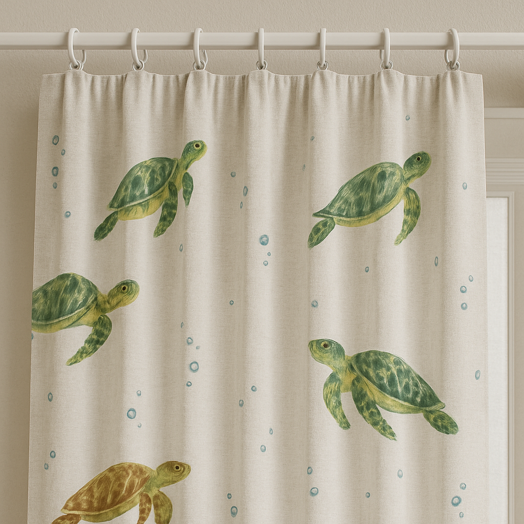 Sea Turtle Print Pure Linen Kids Curtains - Custom Sizes, Light Filtering or 100% Blackout Lining Options - Multiple Heading Styles - Made to Measure Curtains-4