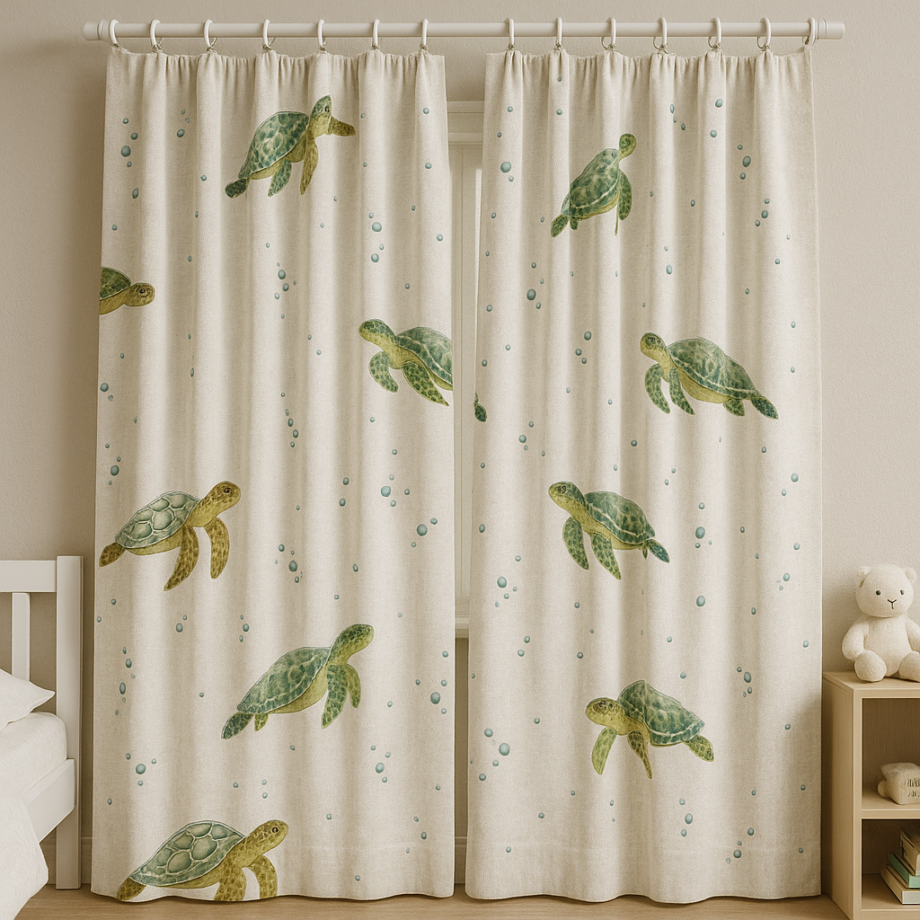 Sea Turtle Print Pure Linen Kids Curtains - Custom Sizes, Light Filtering or 100% Blackout Lining Options - Multiple Heading Styles - Made to Measure Curtains-3