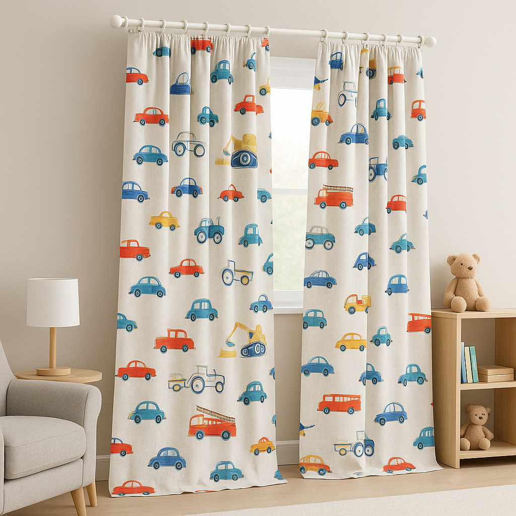 Kids Bedroom Linen Curtains With Fun Vehicle Print – Custom Sizes – Blackout & Light Filtering Options – Extra Wide & Long – Buy Single or Pair-3