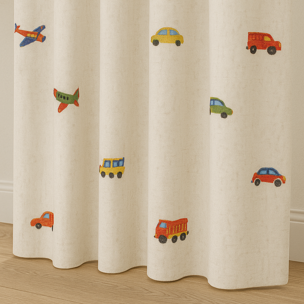 Kids Linen Curtains with Vehicles Embroidery | Custom Sizes | Blackout or Light Filtering | OEKO-TEX Certified-4