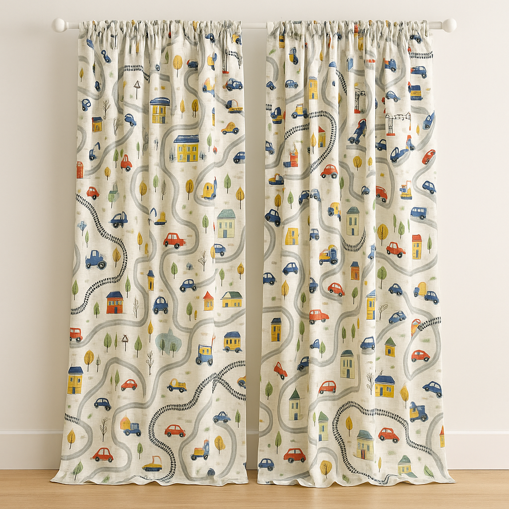 Kids Linen Road Map Curtains — Extra Wide, Blackout or Light Filtering, Custom Sizes-1