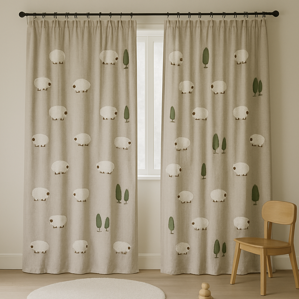 Embroidered Sheep Linen Curtains for Kids Room & Nursery — Custom Sizes — Single or Pair — Blackout or Cotton Lining — Rod & Track Compatible-1