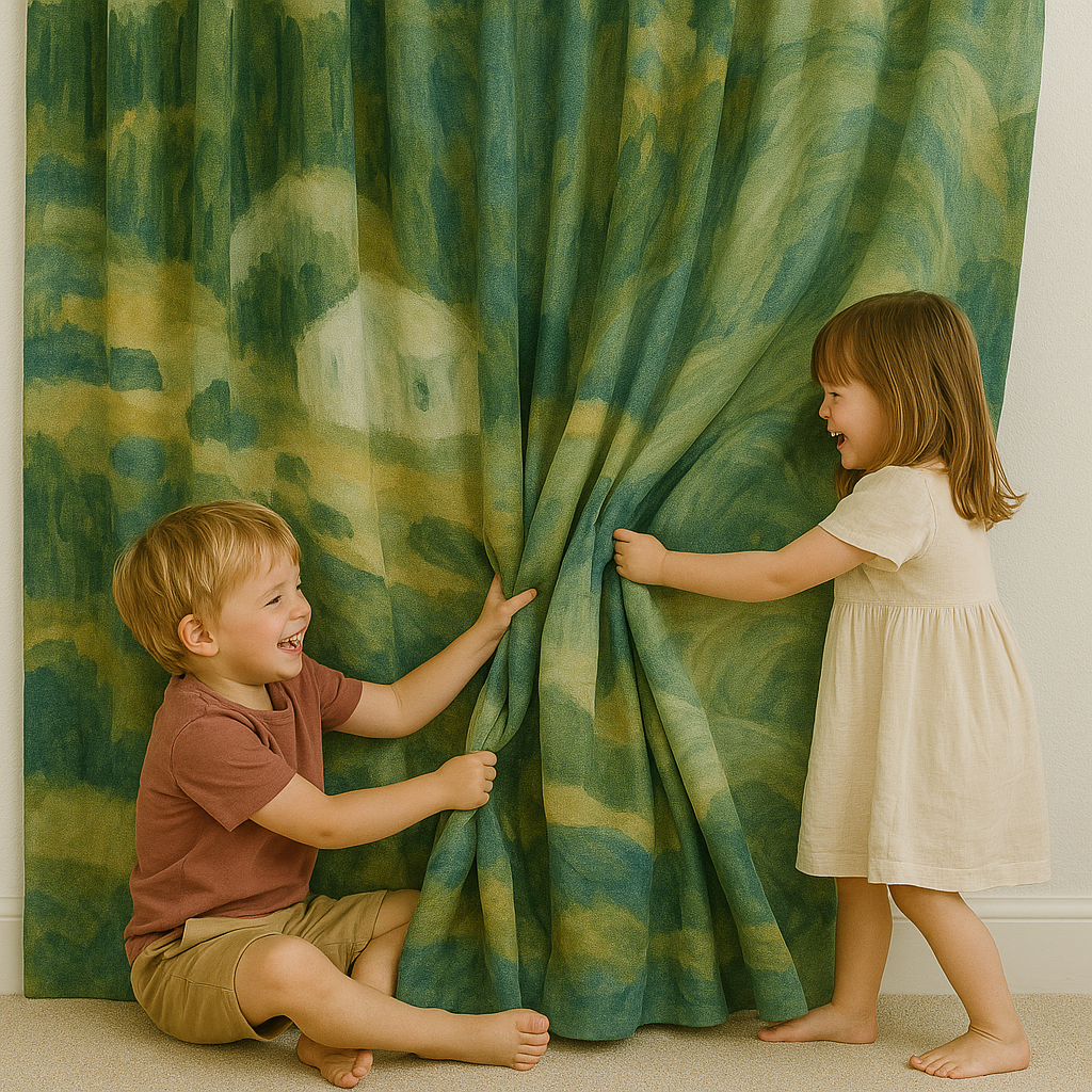 Handmade Pure Linen Kids Curtains — Abstract Landscape Design — Custom Sizes — Light Filtering or 100% Blackout Lining — Rod & Track Compatible-1