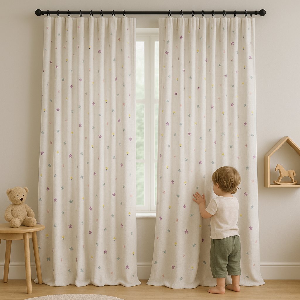 Embroidered Linen Curtains for Kids Room – Custom Size – Light Filtering or 100% Blackout Lining – Pastel Floral – Sold Single or Pair-1
