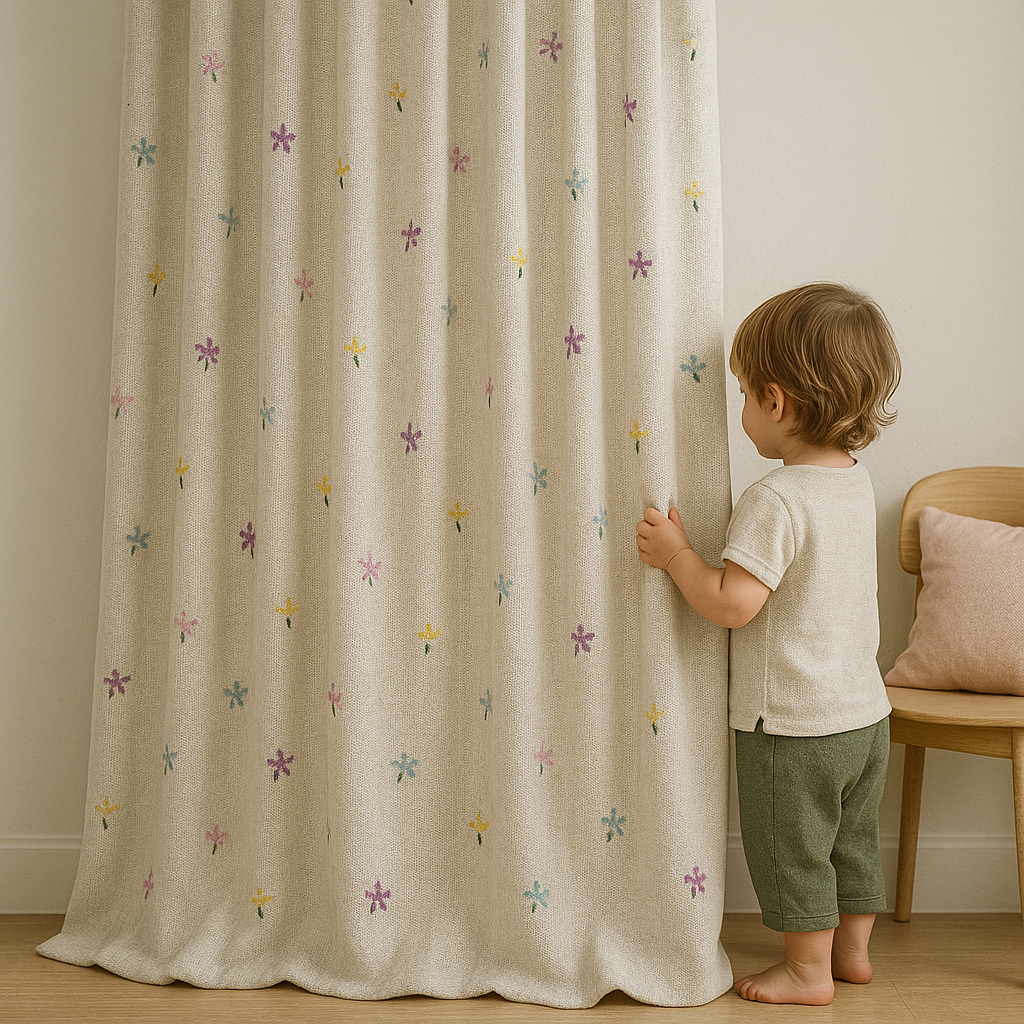 Embroidered Linen Curtains for Kids Room – Custom Size – Light Filtering or 100% Blackout Lining – Pastel Floral – Sold Single or Pair-2