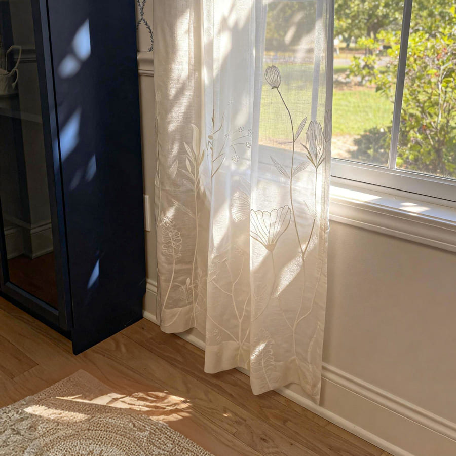 Chole White Bottom Floral Embroidered Sheer Curtains