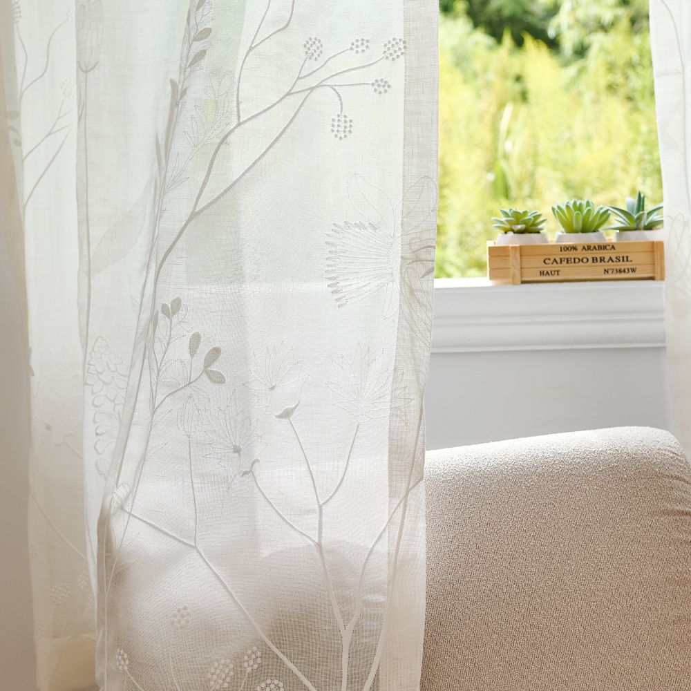 Chole White Bottom Floral Embroidered Sheer Curtains