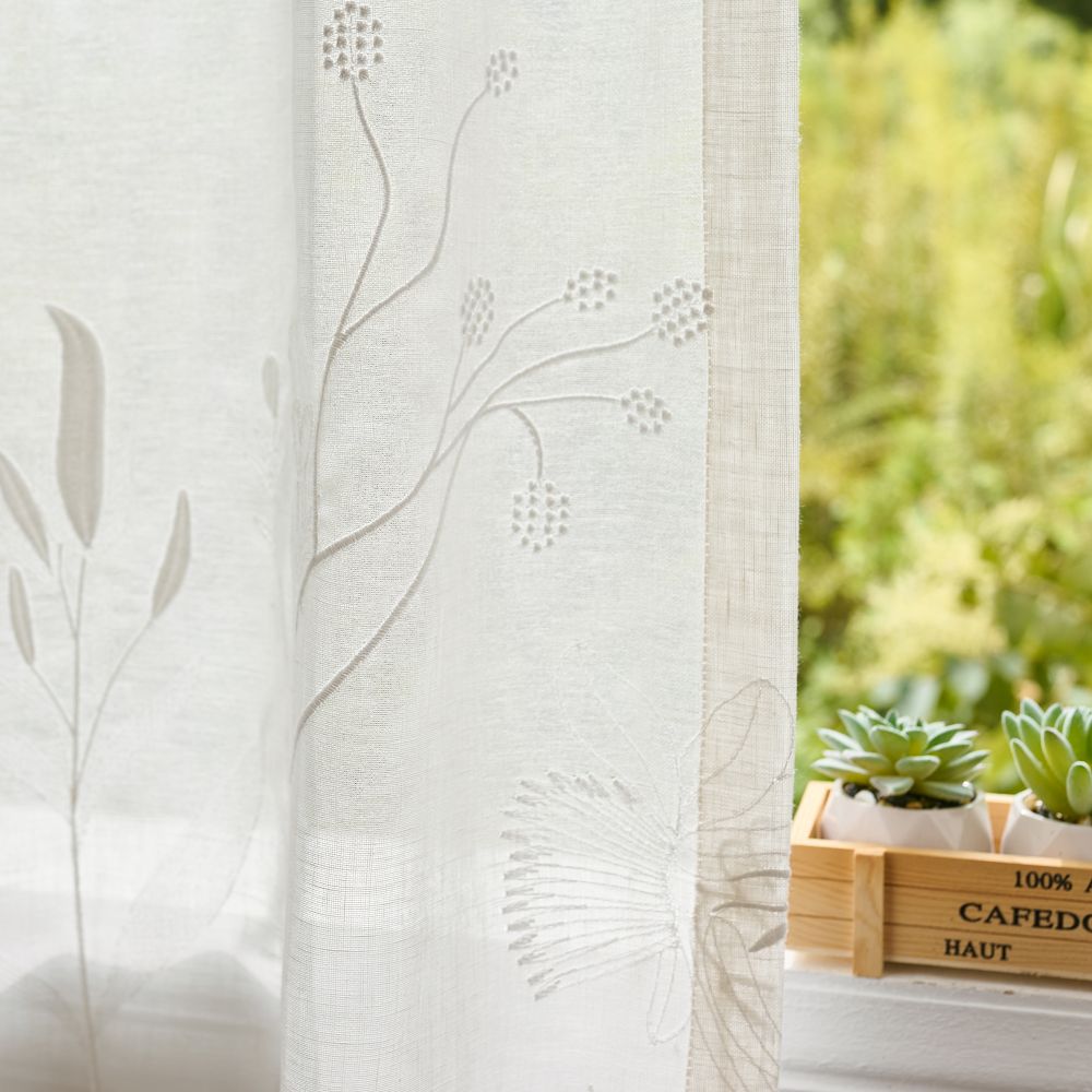 Chole White Bottom Floral Embroidered Sheer Curtains