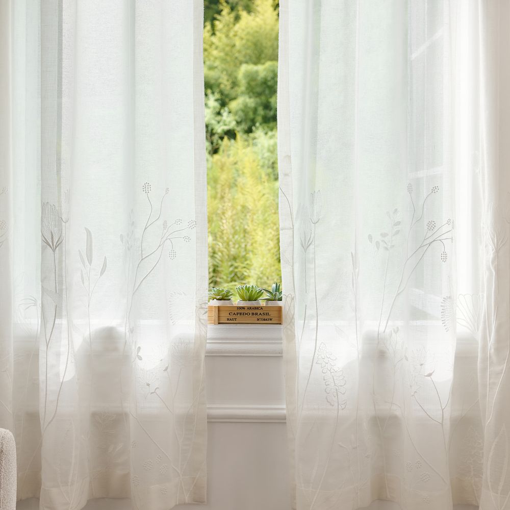 Chole White Bottom Floral Embroidered Sheer Curtains