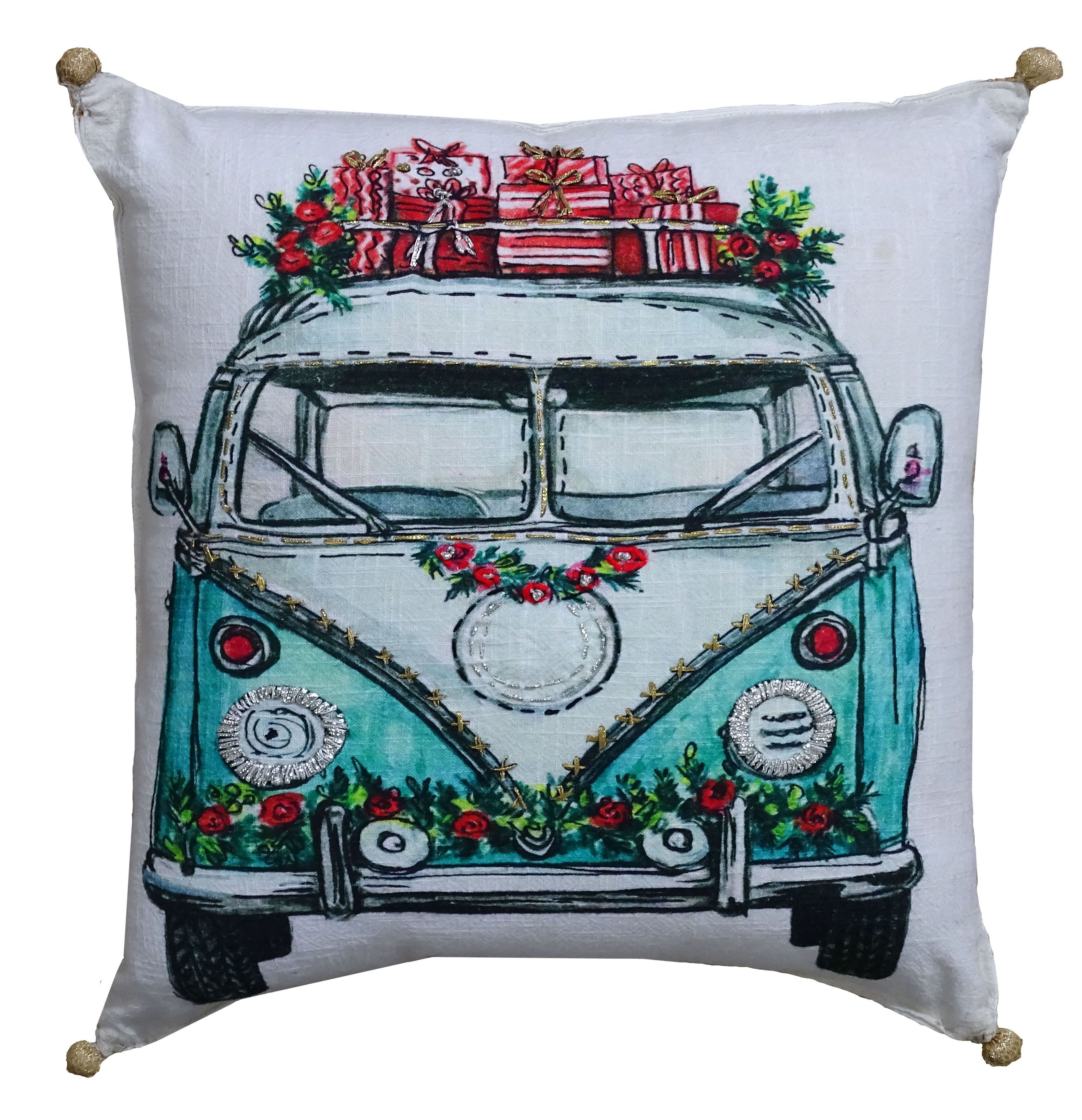Hand Illustrated Christmas Holiday Van Pillow (18"x18")