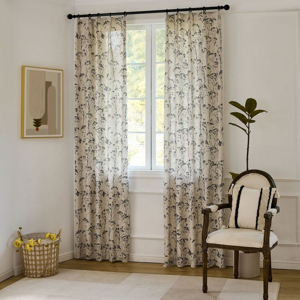 Cordelia Black Floral Faux Linen Printed Curtains