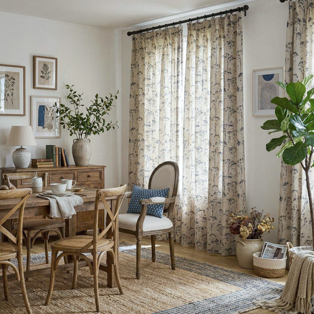 Cordelia Black Floral Faux Linen Printed Curtains