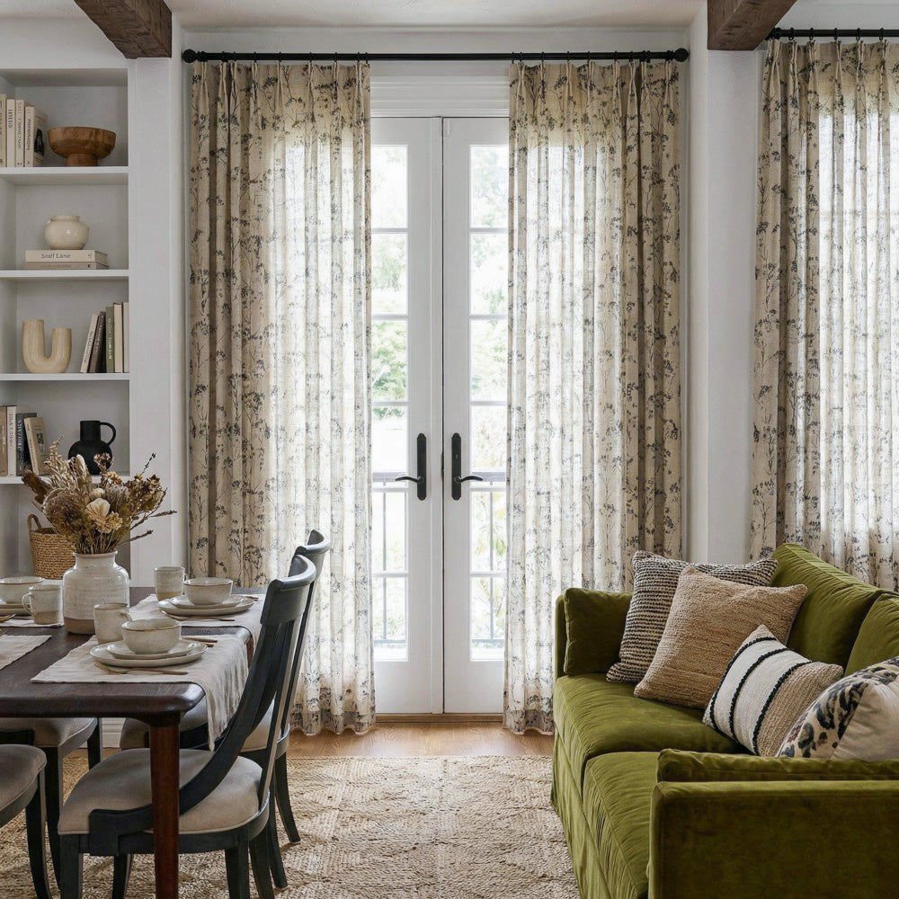 Cordelia Black Floral Faux Linen Printed Curtains