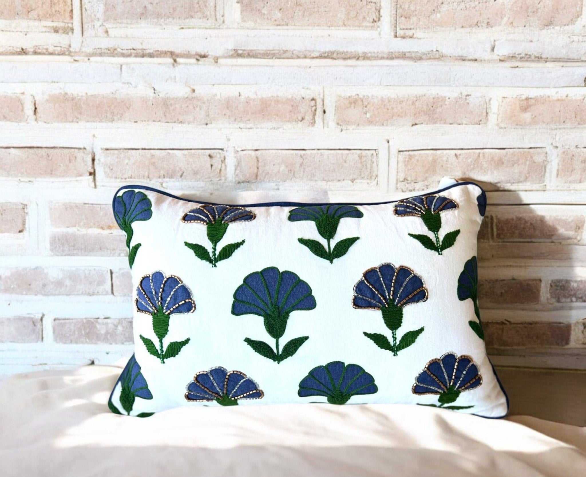 Embroidered Floral Blue Boho Accent Throw Pillow