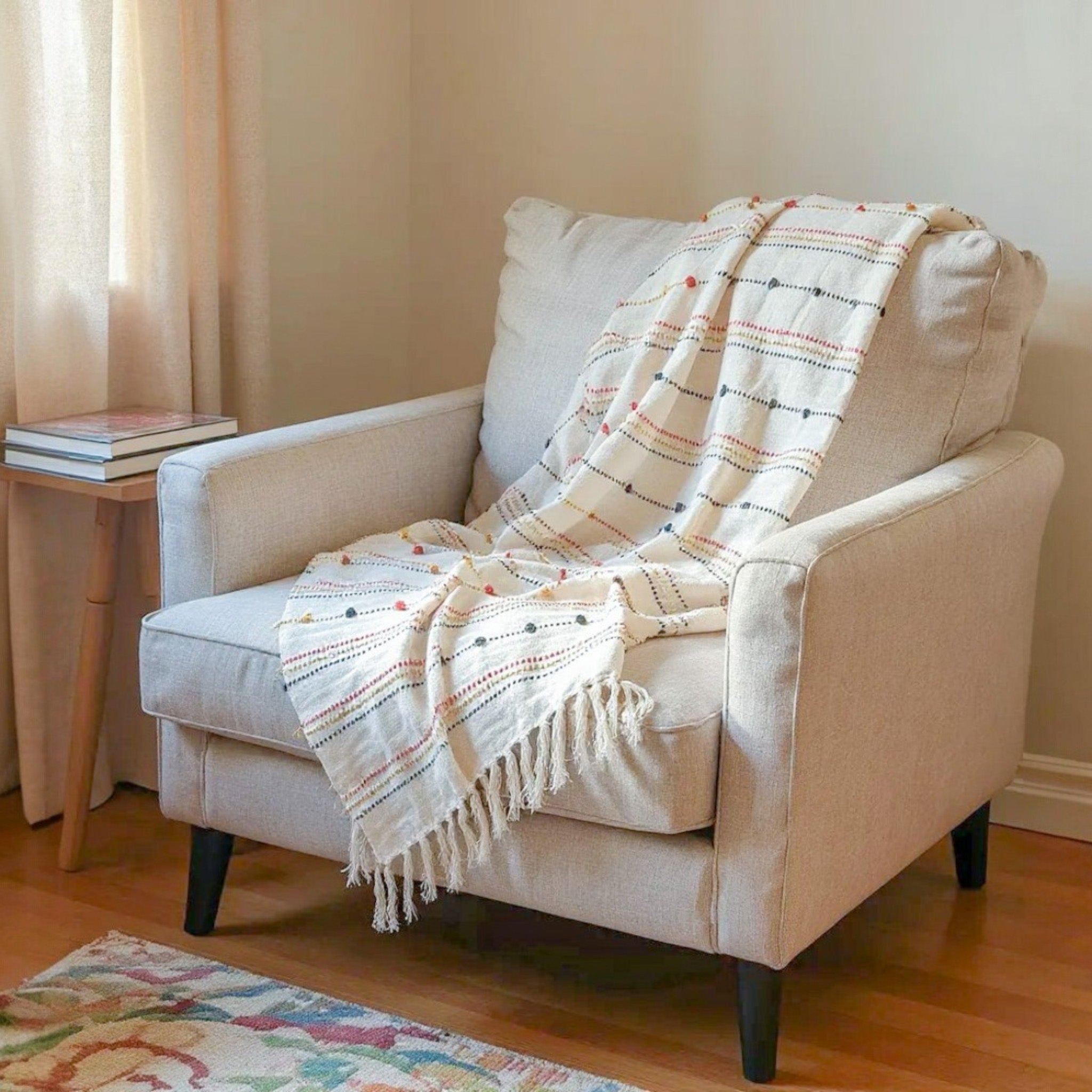 Hand Woven Cream Throw Blanket Striped with Tufts and Tassels