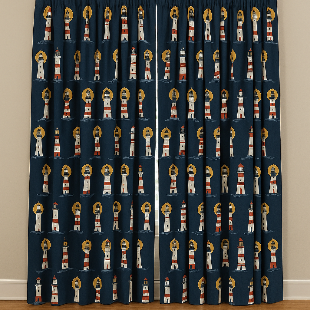 Lighthouse Navy Cotton Kids Curtains – Nautical Bedroom Drapes, Light-Filtering or 100 % Blackout-4